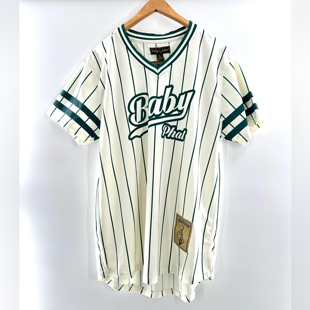 Baby Phat White & Green Pinstripe V-Neck Baseball Jersey Women's Size XL